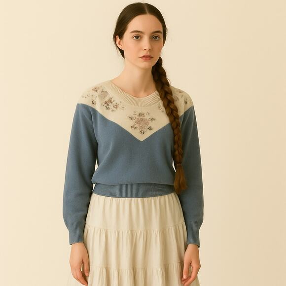 dana scott Sweaters - Vintage 90s Dana Scott dusty blue grannycore floral knit sweater M